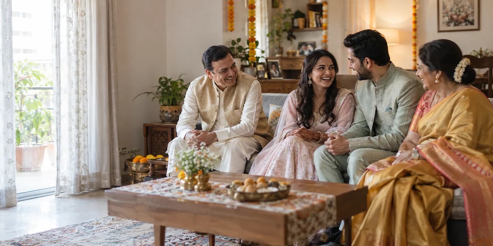 Indian family sharing a conversation during an engagement gathering