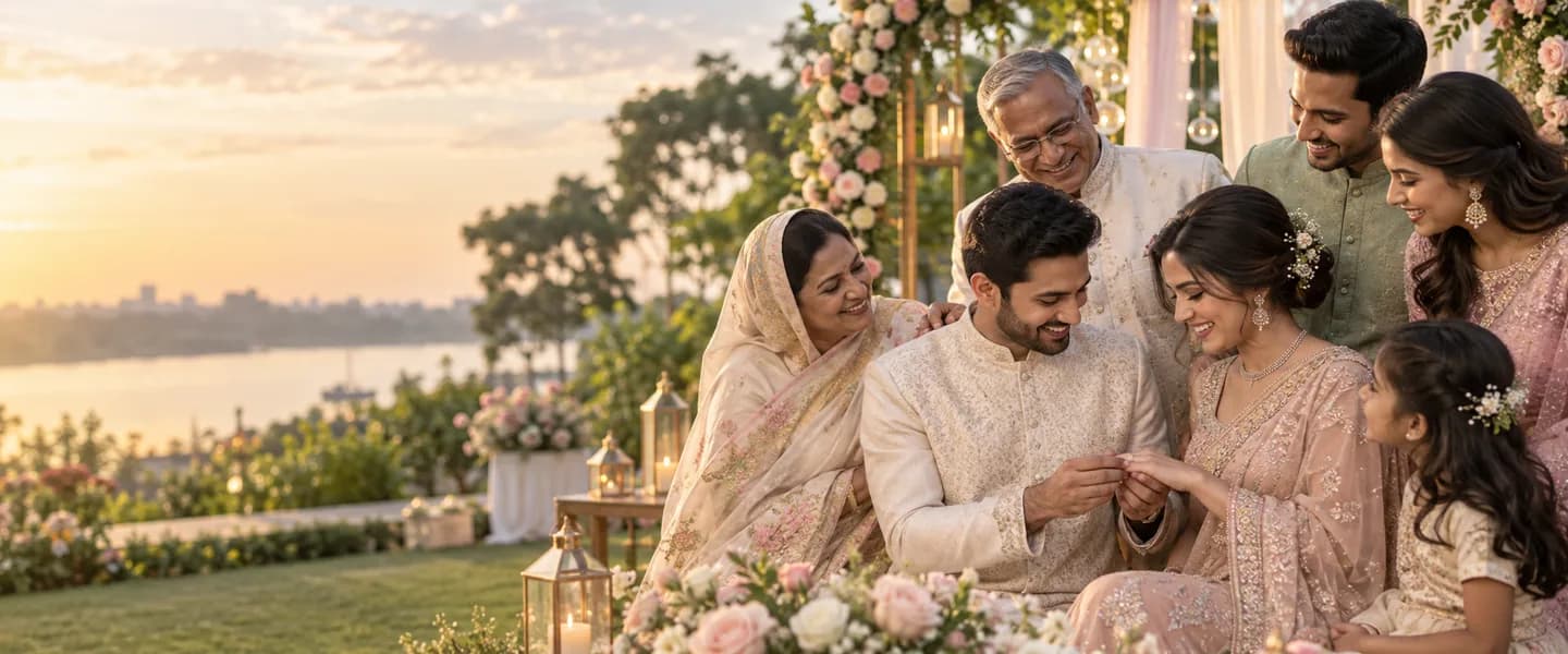 Family celebrating a couple's engagement together