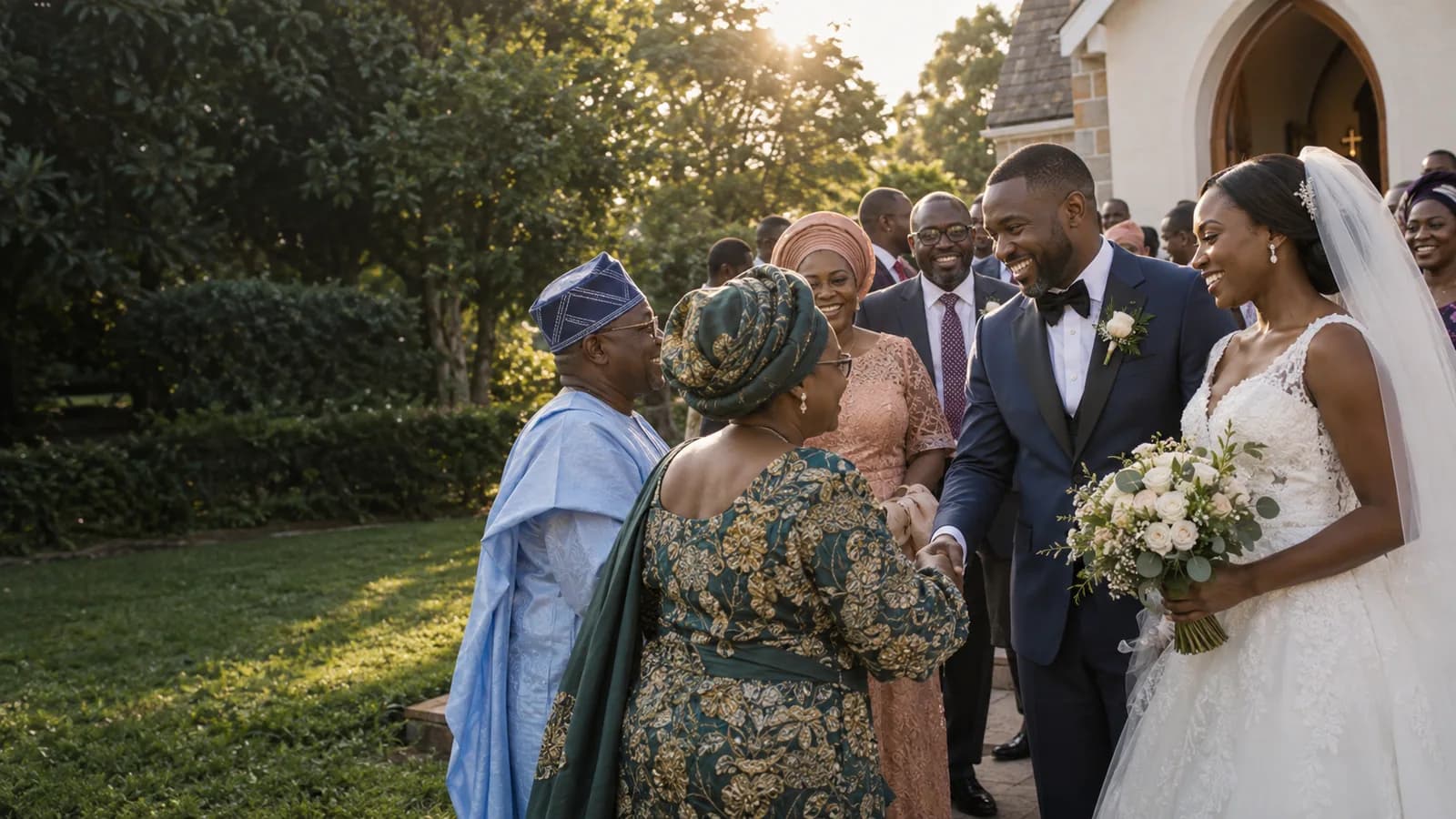 West African newlyweds greeting family and friends after a wedding