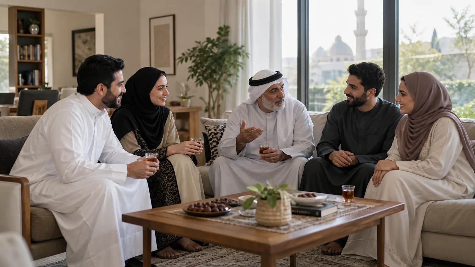 Middle Eastern family sharing tea and conversation at home