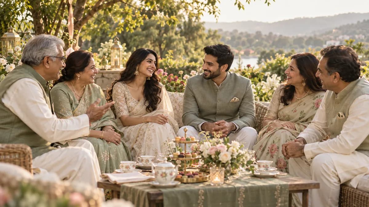 South Asian couple and their families talking together in a garden