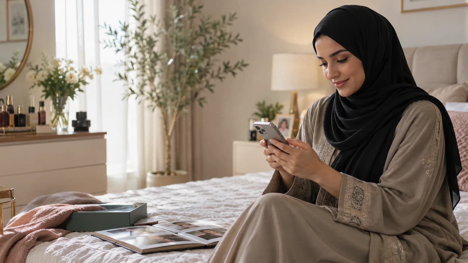 Woman privately choosing what to share on her phone